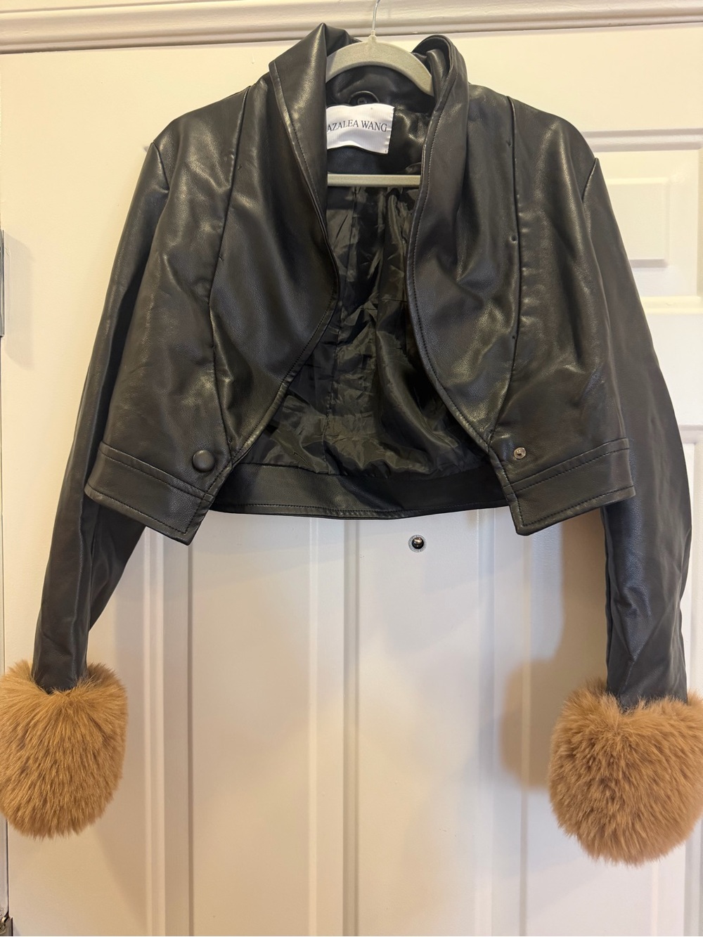Azalea Wang Black Cropped Bomber Jacket with Tan Faux-Fur Cuffs